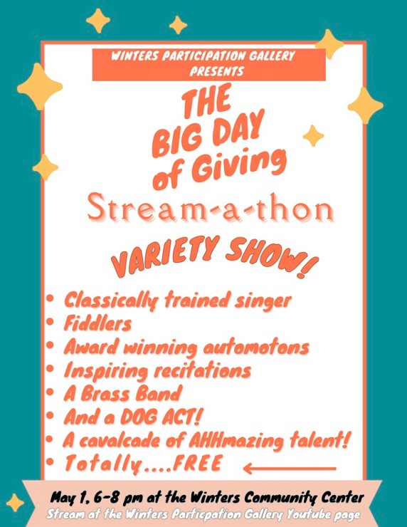 Big Day of Giving May 1, 2025 Stream-a-thon variety show flyer Big Day of Giving May 1, 2025 Stream-a-thon variety show flyer